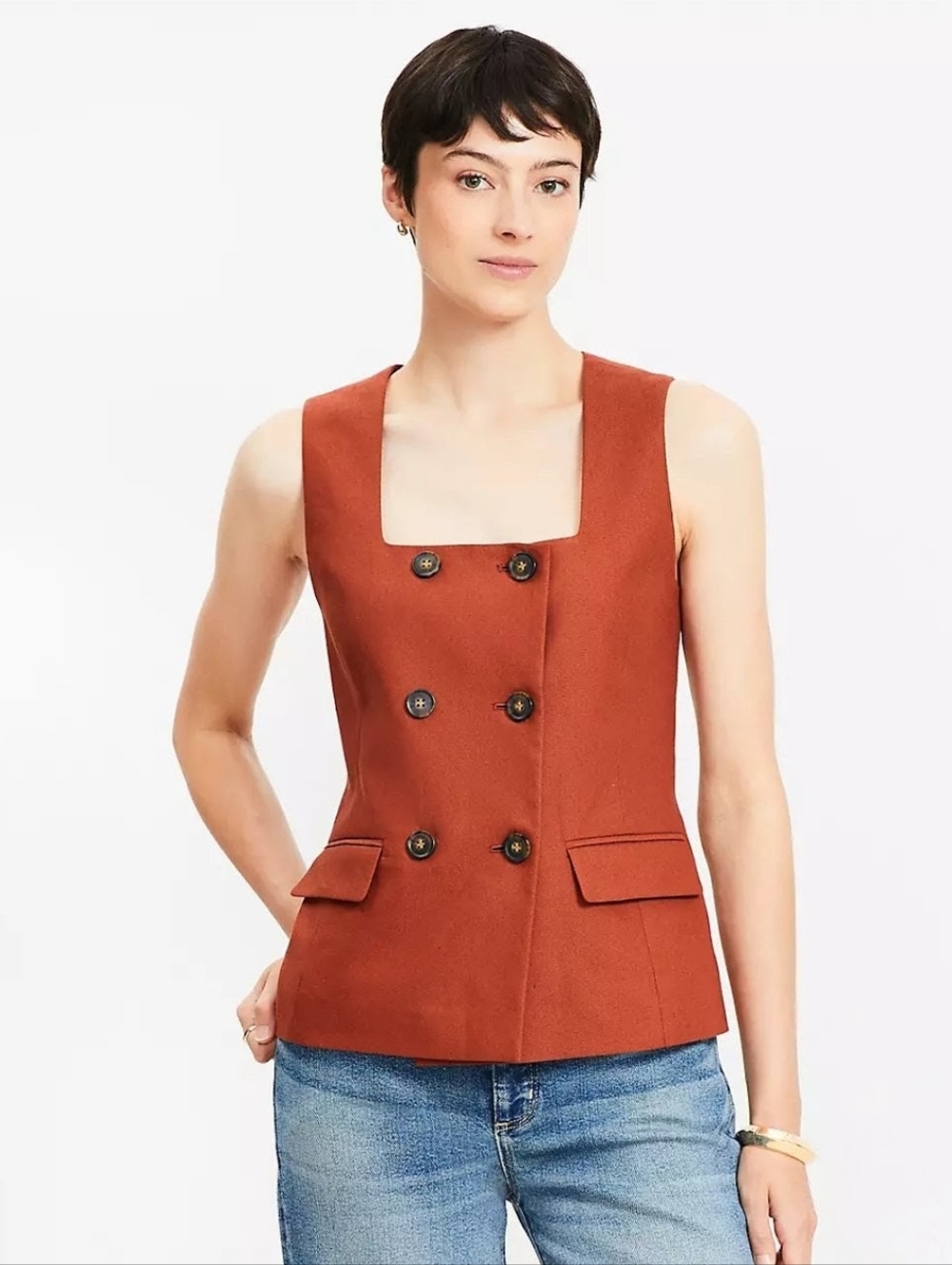 Loft Cotton High Linen Double Breasted Vest
